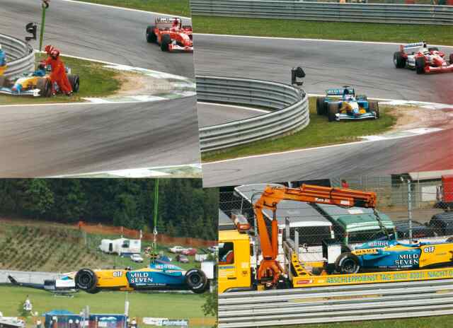 In der 44. Runde blieb Jarno Trulli (Renault) infolge mangelnden Benzindrucks in der Castrol-Kurve liegen. Sein Rennwagen wurde mit einem Kran aus der Gefahrenzone gehievt.