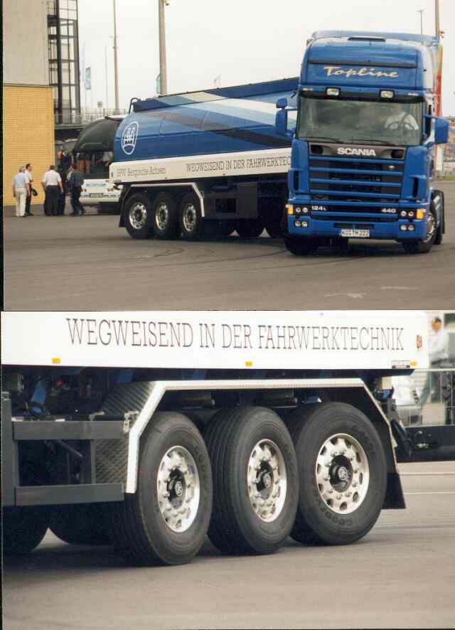 Ein Tankfahrzeug mit lenkbarer Hinterachse. Die lenkbaren Achsen lenken das Fahrzeug praktisch in die Kurve hinein - weniger Reifenverbrauch und mehr Sicherheit.